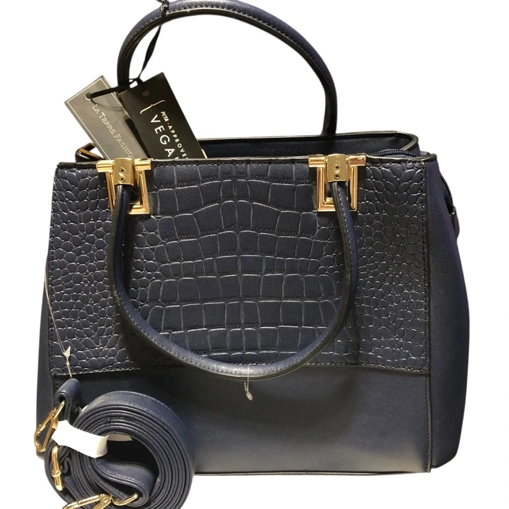 LA‎ TERRE FASHION N.W.T. RARE Croc-Accent Satchel Handbag.Navy Blue/Gold Leather